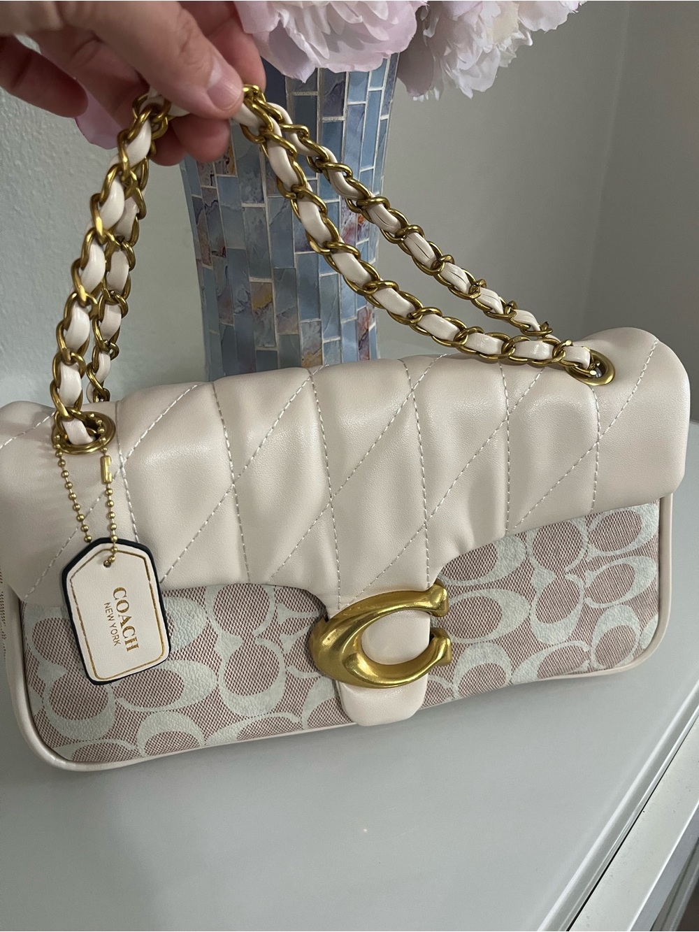 Coach Quilted Leather and Signature Canvas Shoulder Bag in Cream